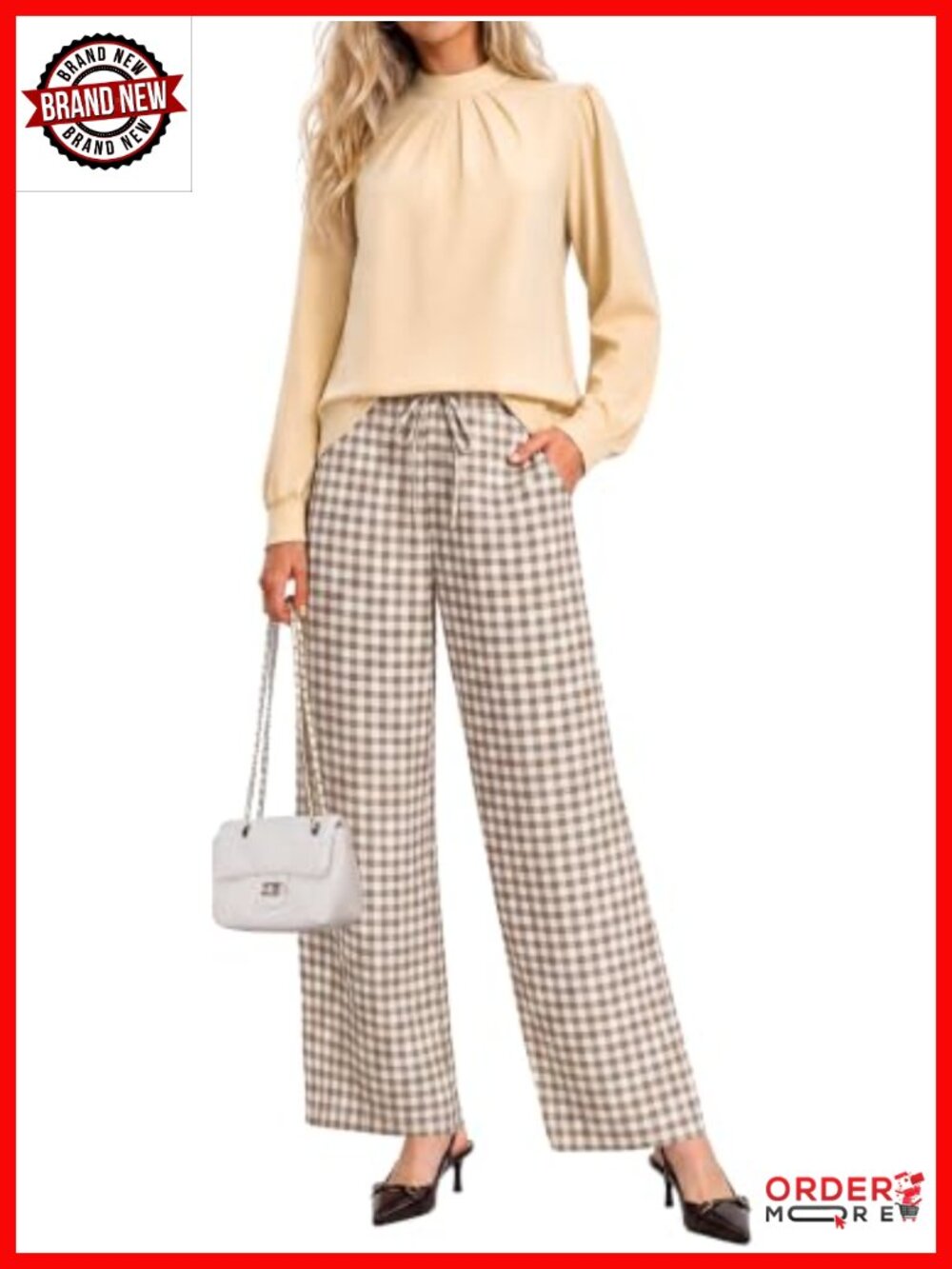 2 Piece Mock Neck Blouse & Wide Leg Pant Set Pleated Puff Sleeve